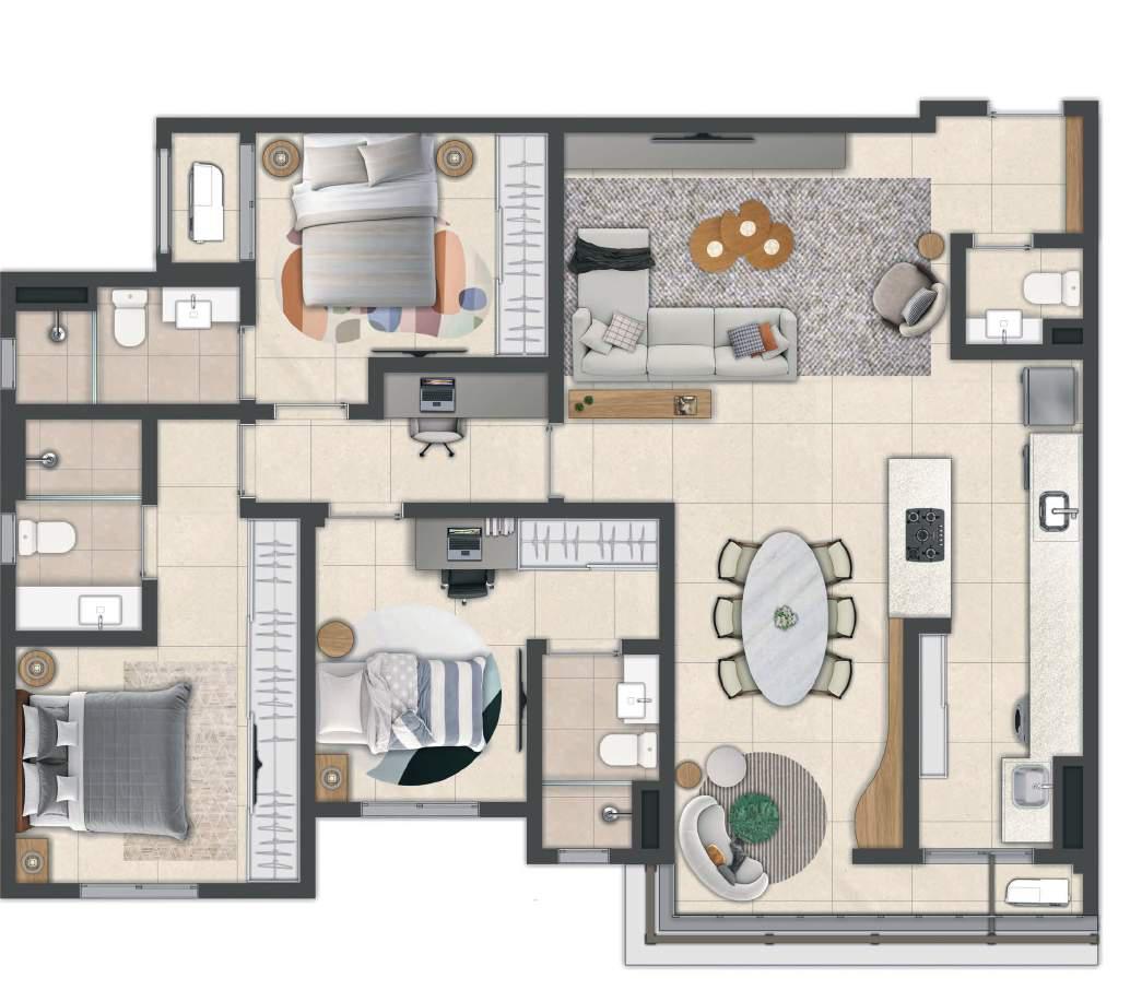 Planta 112,30m² · 3 Suítes · Gourmet Integrado